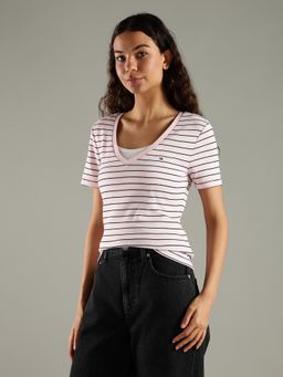 Tommy Hilfiger - Pink Striped Regular Fit Cotton T-Shirt