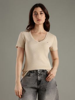 Tommy Hilfiger - Beige Solid Regular Fit Cotton T-Shirt