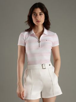 Tommy Hilfiger - Pink Striped Regular Fit Cotton Polo T-Shirt