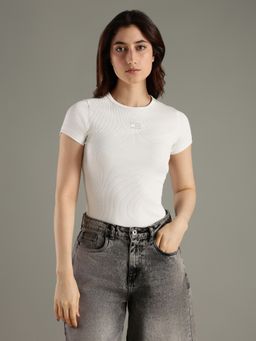 Tommy Hilfiger - White Solid Slim Fit Cotton T-Shirt