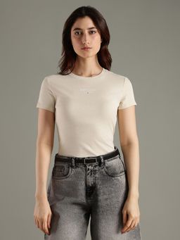 Tommy Hilfiger - Beige Logo Slim Fit Cotton T-Shirt