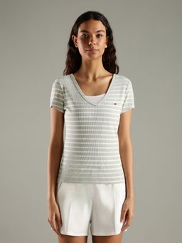 Tommy Hilfiger - Green Striped Slim Fit Cotton T-Shirt