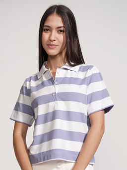TOKYO TALKIES - Lilac and White Collar Crop Polo Tshirt