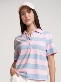TOKYO TALKIES - Pink and Blue Collared Crop Polo Tshirt