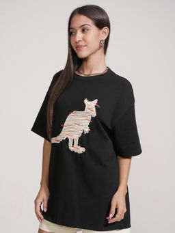 TOKYO TALKIES - Black Embroidered Drop Shoulder Tshirt
