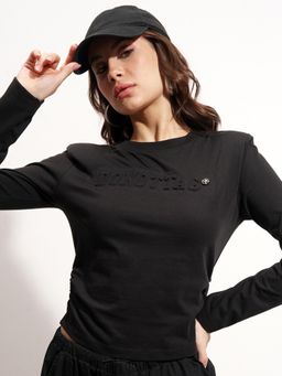 TOKYO TALKIES - Black Typograpghy Side Ruched Tshirt