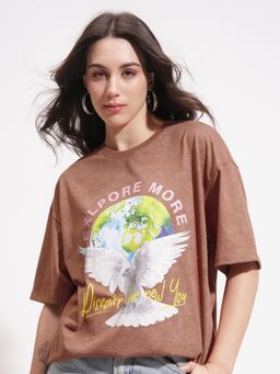 TOKYO TALKIES - Brown Graphic Print Drop Shoulder Tshirt