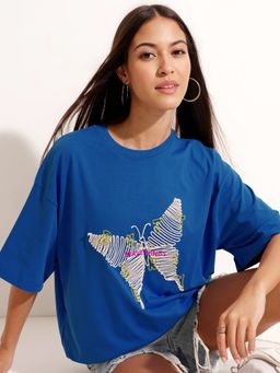 TOKYO TALKIES - Blue Embroidered Drop Shoulder Tshirt
