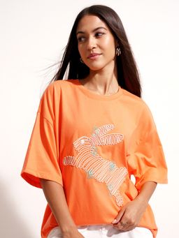TOKYO TALKIES - Orange Embroidered Drop Shoulder Tshirt