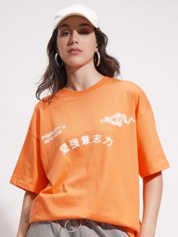 TOKYO TALKIES - Orange Graphic Print Drop Shoulder Tshirt