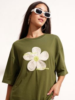 TOKYO TALKIES - Olive Flower Patch Drop Shoulder Tshirt