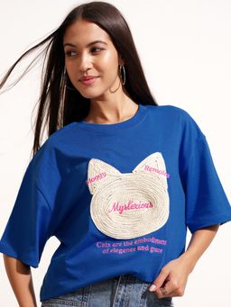 TOKYO TALKIES - Blue Cat Patch Drop Shoulder Tshirt