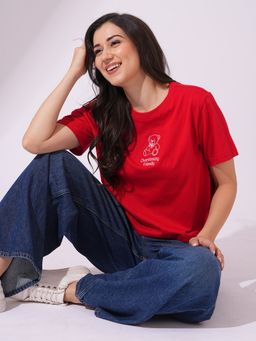 Globus - Women Red Round Neck Short Sleeves Print Oversized T-Shirt