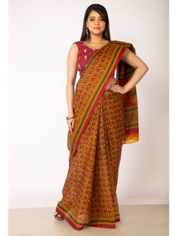 Unnati Silks - Red Mustard Pure Krisha Block Printed Cotton Saree with Unstitched Blouse