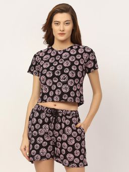 RIGO - Black All Over Printed Cotton Half Sleeve Crop Top