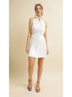 Virgio - White Accordion White Pleat Trapeze Mini Dress with Belt (Set of 2)