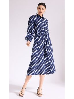 Virgio - Navy Blue Stripped Shirt Midi Dress with Belt (Set of 2)