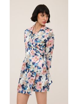 Virgio - Multi Color Notch Collar Satin Wrap Mini Dress