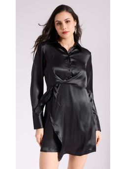 Virgio - Black Satin Shirt Mini Dress