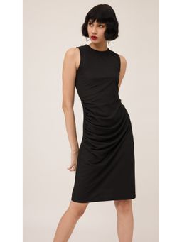 Virgio - Black Ruched Midi Rib Knee Length Dress