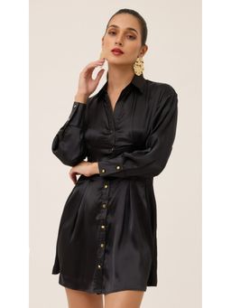 Virgio - Black Satin Corset Style Shirt Mini Dress