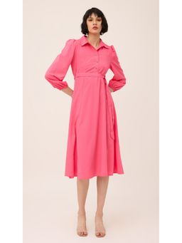 Virgio - Pink Bold and Beautiful The Hot Pink Solid Shirt Style Midi Dress with Belt (Set of 2)