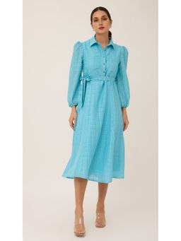 Virgio - Blue Pastel Blue Self Design Shirt Style Midi Dress with Belt (Set of 2)