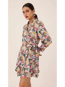 Virgio - White Blooming Elegance The Multicolor Floral Wrap Mini Dress