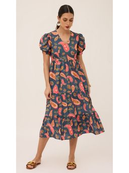 Virgio - Navy Blue Bohemian Rhapsody The Multicolor Paisley Tiered Midi Dress