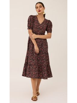 Virgio - Black Ethnic Elegance The Multicolor Ethnic Motifs Tiered Midi Dress