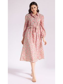 Virgio - White Floral Midi Dress with Belt (Set of 2) with A Tie Waist