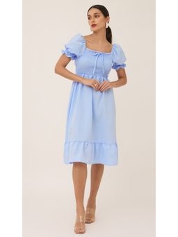 Virgio - Blue Pastel Blue Checkered A-Line Midi Dress