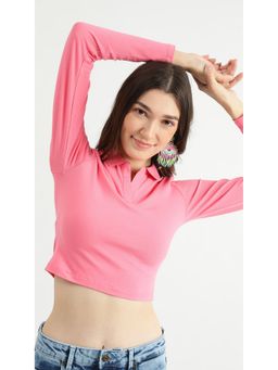 Virgio - Pink Sleek Polo Collared Pink Crop T-Shirt