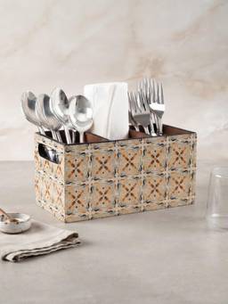 The Home Co - Wooden Beige Circle Print & Enamelled Partition Caddy