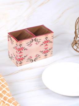 The Home Co - Wooden Pink Floral Print & Enamelled Partition Caddy