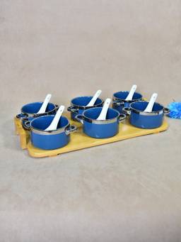 The Home Co - Ceramic Bowl With Bamboo Tray Set -Bblue (Pack of 6)