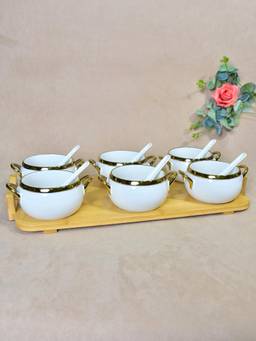 The Home Co - Ceramic Matki Shape Bowl With Bamboo Tray Set - White (Pack of 6)