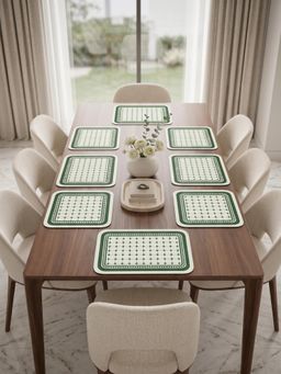 YELONA - Green & White Woven Leather Dining Table Placemat (Pack of 8)