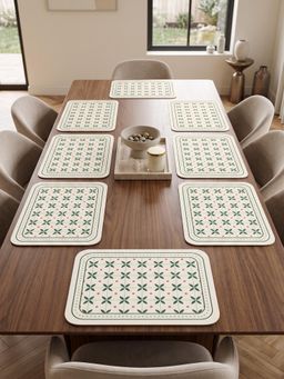 YELONA - White & Sea Green Woven Leather Dining Table Placemat (Pack of 8)
