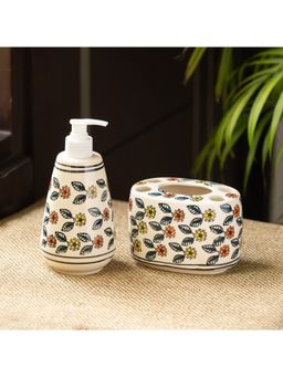 ExclusiveLane - Cozy Crossandras Hand-Painted Bathroom Accessory Set In Ceramic