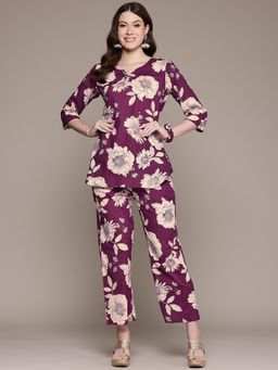 Readiprint - Straight Style Cotton Fabric Purple Colour Co-Ord with Scrunchie (Set of 3)