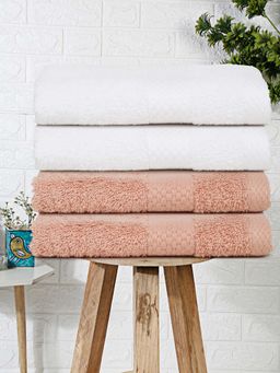 MULBERRY LIVING - Terry Luxe 550 - Gsm Terry Hand Towel Set - White & Pastel Peach (Pack of 4)