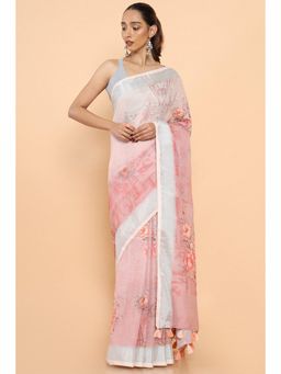Soch - Women Peach Linen Floral Saree with Unstitched Blouse