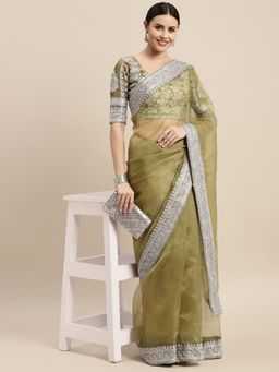 VAIRAGEE - Olive Sequinned Organza Celebrity Saree with Unstitched Blouse