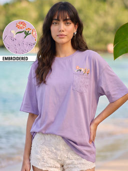 Bewakoof - Women Fair Orchid Lavender Embroidered Oversized T-shirt
