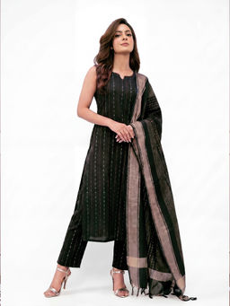 Gerua By Libas - Women Black Cotton Blend Woven Kurta with Pant and Dupatta