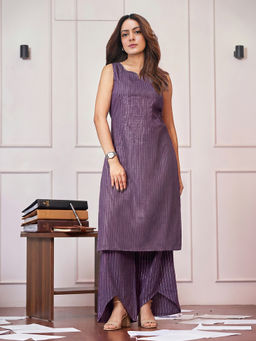 Gerua By Libas - Women Purple Cotton Blend Embellished Kurta with Pant