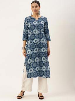 Shaily - Women Navy Blue & White Printed Kurta With Trousers (set Of 2)