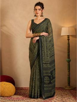 Nyri - Casual Wear Cotton Printed Designer Saree with Unstitched Blouse For Womens