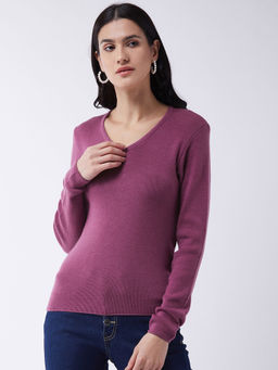 RVK - Women Pink Solid Ribbed Pullover Sweater